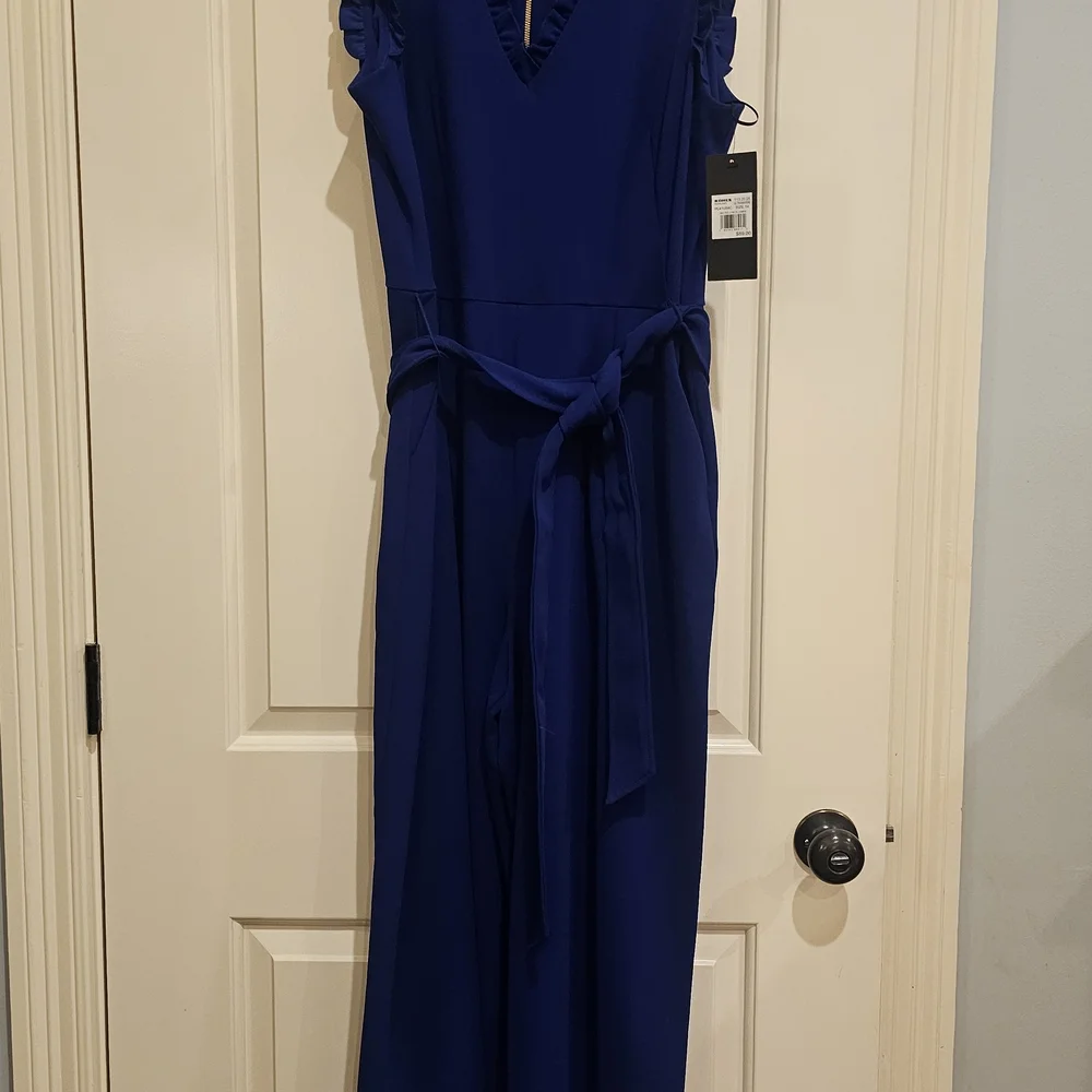 Andrew Marc Cobalt Blue Sleeveless V-Neck Ruffle Wide-Leg Jumpsuit - Picture 2 of 5